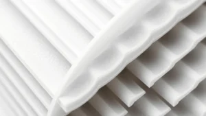 Close-up cross-section of premium oil filter media showing layered synthetic material and pleated structure, photorealistic technical detail, no text