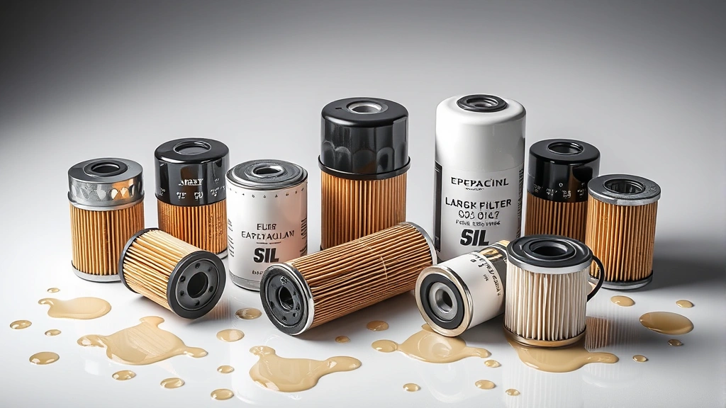 Multiple premium oil filters arranged on a clean surface with oil droplets, photorealistic product photography showcasing different filter designs and sizes