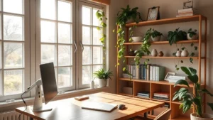 Serene home office workspace with lush green pothos vines cascading from shelves, natural sunlight streaming through windows, minimalist wooden desk with notebook, peaceful and productive atmosphere