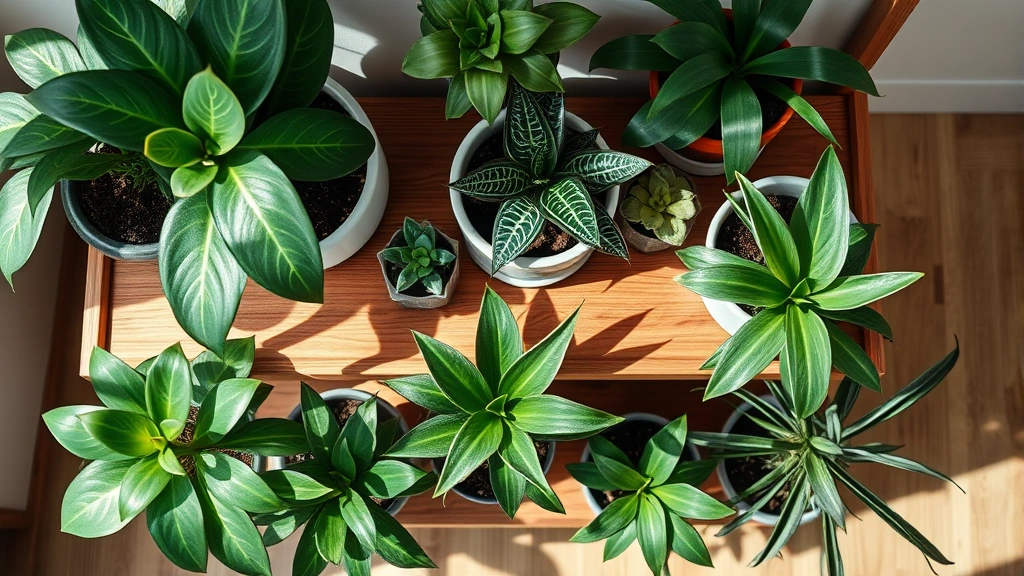 Overhead view of various indoor plants in ceramic pots arranged on wooden shelving unit, including monstera, snake plant, and spider plant, bright natural light creating soft shadows, botanical arrangement