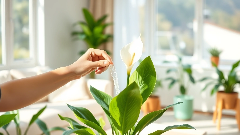 Person's hands gently watering a peace lily plant in bright living room, morning sunlight, peaceful expression, natural indoor garden setup with multiple plants visible in background, calming domestic scene