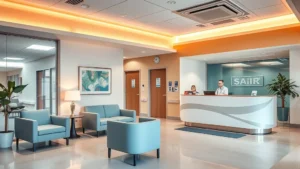 Modern hospital psychiatric unit reception area with comfortable seating, warm lighting, and professional staff at desk, calming interior design, no visible text or signage