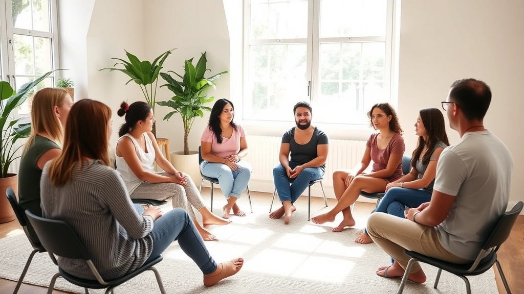 Group therapy session in progress with diverse individuals sitting in circle formation, supportive atmosphere, natural daylight from windows, peaceful therapeutic environment
