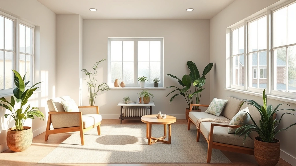 Serene therapy room with comfortable seating, natural lighting from windows, calming neutral colors, plants, and peaceful atmosphere without text or visible people