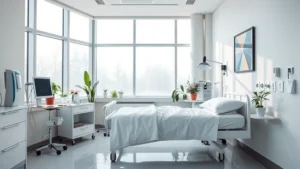 Serene modern hospital room with comfortable bed, natural lighting from large windows, peaceful therapeutic environment with calming colors, minimal medical equipment visible, plants and artwork on walls