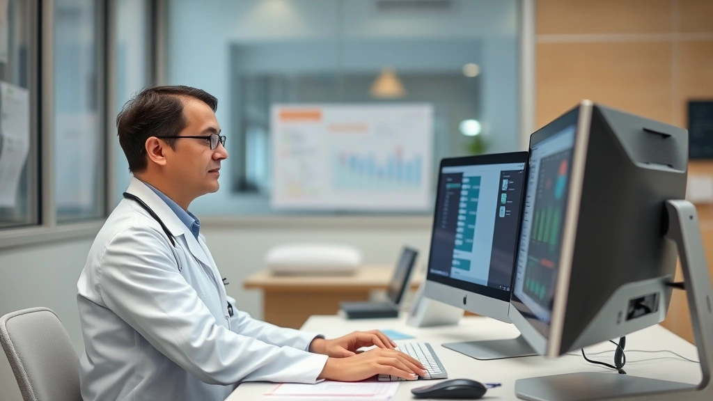 Modern medical professional in white coat reviewing patient charts at computer workstation, focused expression, clinical but welcoming environment, no identifying information visible