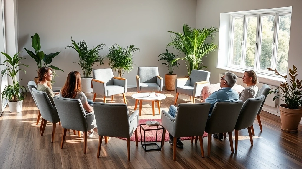 Group therapy session setup with comfortable chairs arranged in circle, natural window light, indoor plants, peaceful ambiance, no people or identifying markers present