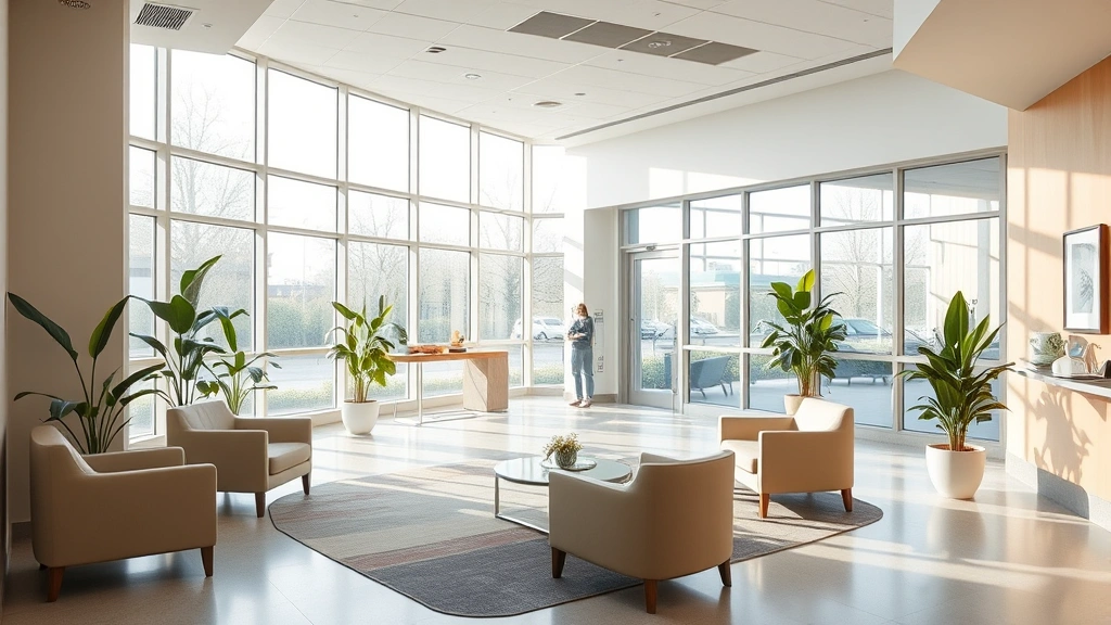 Peaceful modern healthcare facility interior with comfortable seating areas, soft natural lighting through large windows, and calming neutral colors creating safe therapeutic environment