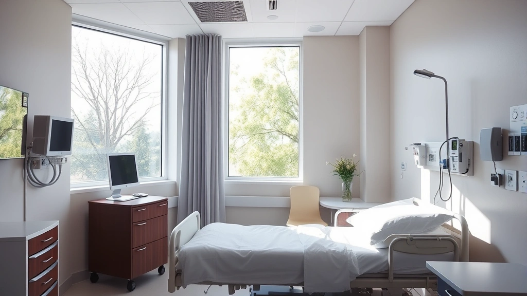 Peaceful modern hospital room with natural light, comfortable bed, calming neutral colors, and a view of trees outside the window. Professional medical environment conveying safety and recovery.