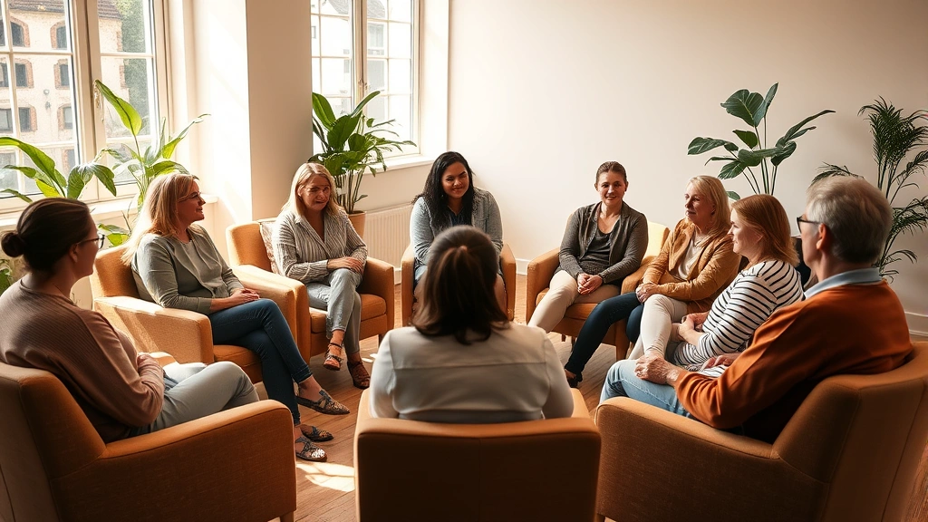 Group therapy session in a bright, welcoming room with comfortable seating arranged in a circle. Diverse group of adults engaged in supportive conversation, warm lighting, plants visible.