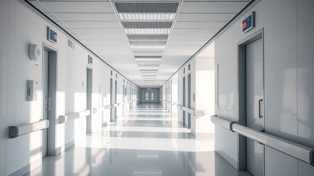Modern hospital corridor with soft natural lighting, clean medical environment, peaceful atmosphere, no people visible, contemporary healthcare architecture