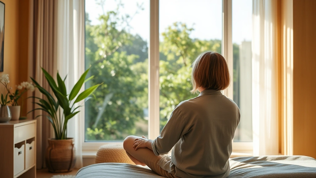 Person sitting in comfortable therapy room looking out window toward nature, warm interior design, sunlight streaming in, therapeutic environment, back view only