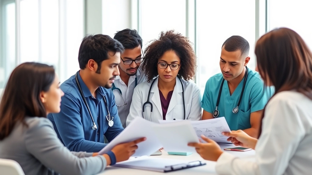 Medical team collaborating in bright conference room reviewing patient files, diverse professionals in healthcare setting, focused discussion, no identifiable individuals