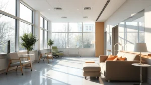Serene hospital interior with natural light streaming through large windows, comfortable seating areas with soft furnishings, peaceful therapeutic environment for mental health recovery