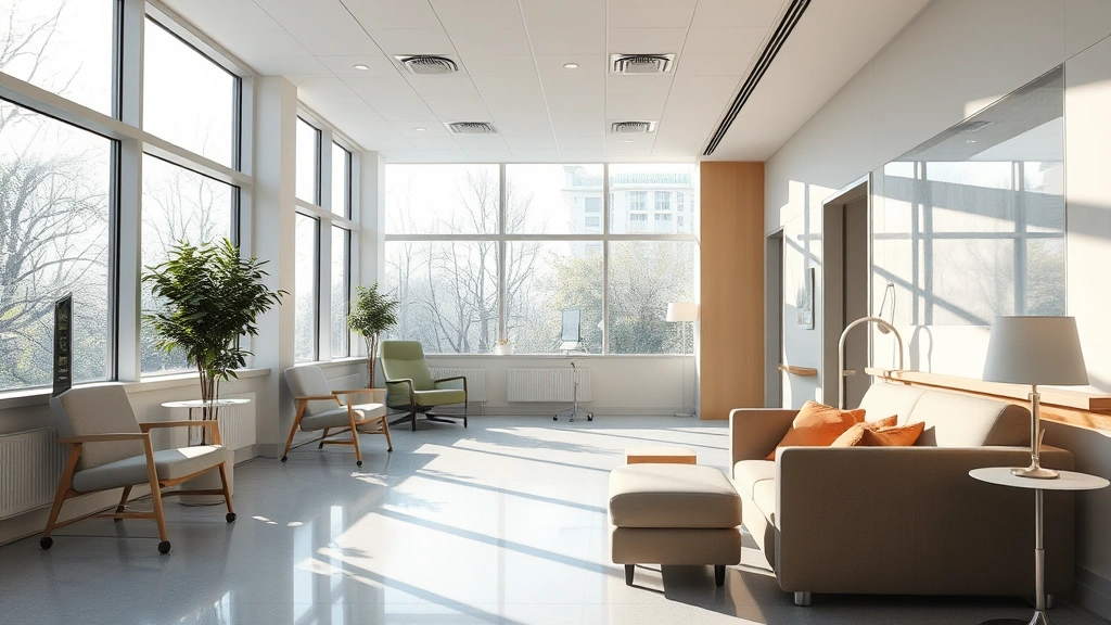 Serene hospital interior with natural light streaming through large windows, comfortable seating areas with soft furnishings, peaceful therapeutic environment for mental health recovery