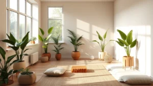 Peaceful meditation room with soft natural lighting, comfortable seating, serene indoor plants, minimalist decor, warm earth tones, windows overlooking nature