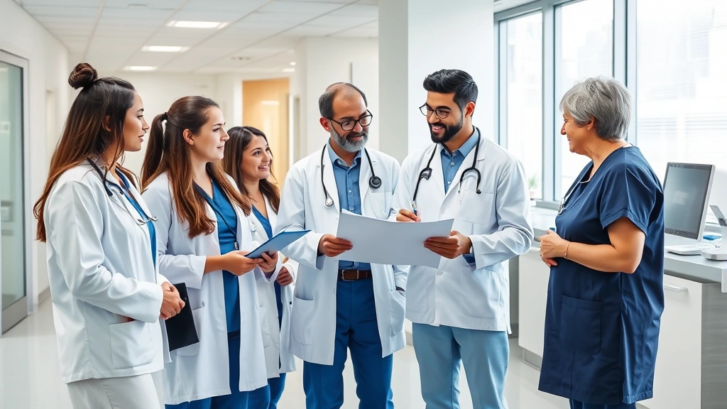 Professional healthcare team in clinical setting having collaborative discussion around treatment plan, diverse medical professionals working together in modern facility