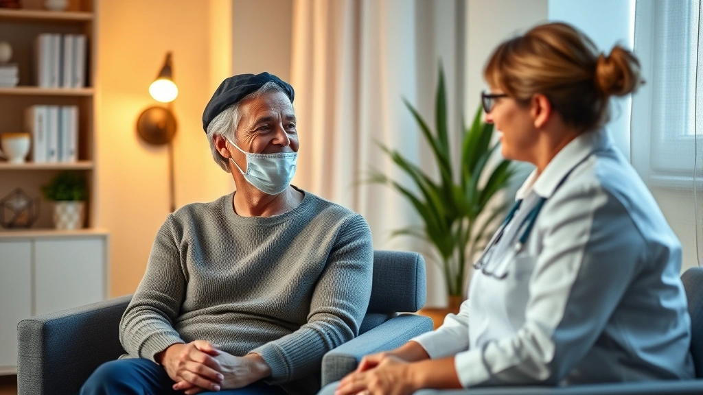 Calm patient in therapy session with healthcare provider, warm lighting, comfortable office space, therapeutic alliance moment showing support and healing