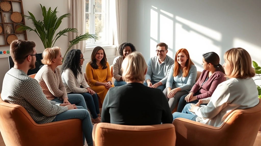 Supportive group therapy session with diverse individuals sitting in circle, engaged conversation, therapeutic environment, natural lighting, comfortable seating, hopeful atmosphere