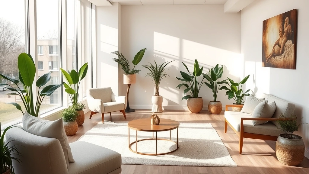Serene modern therapy room with comfortable seating, soft natural lighting from large windows, calming neutral colors, and plants creating peaceful healing environment