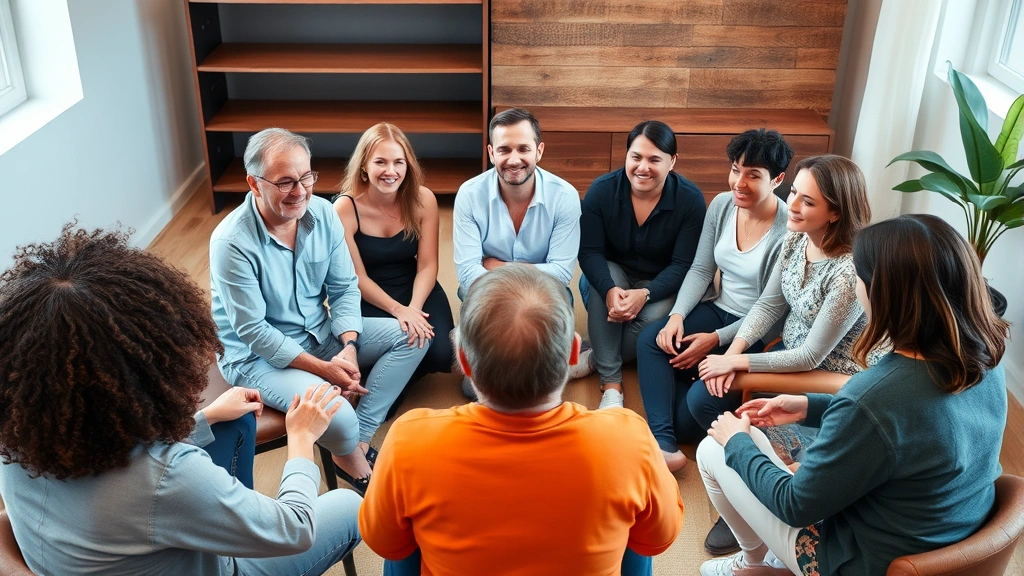 Diverse group of people in supportive circle during group therapy session, sitting together with open body language, genuine connection visible, therapeutic setting