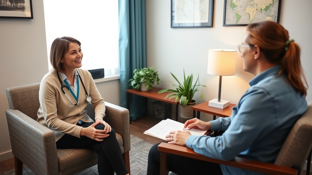 Healthcare professional conducting one-on-one counseling session with patient in comfortable private office, showing compassionate listening, professional yet warm environment