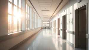 Serene hospital corridor with soft natural lighting streaming through large windows, modern minimalist design, peaceful atmosphere conveying safety and healing, no people visible, calming interior space