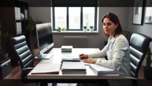 Professional mental health counselor in modern office setting, sitting at desk with organized files and computer, calm focused expression, natural lighting from window, contemporary workspace design
