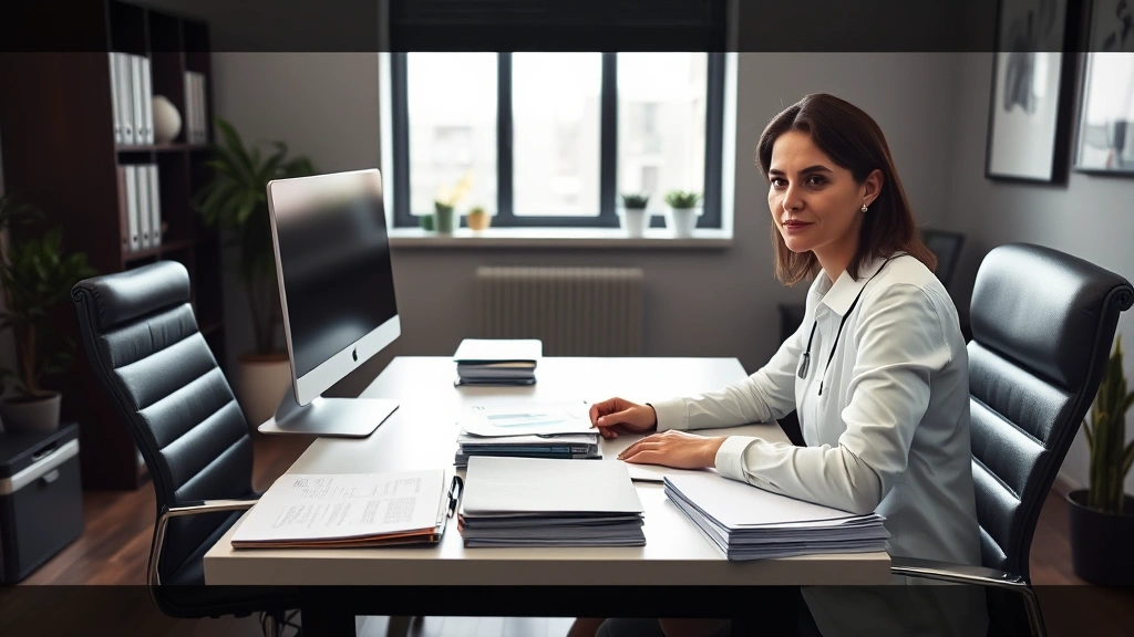 Professional mental health counselor in modern office setting, sitting at desk with organized files and computer, calm focused expression, natural lighting from window, contemporary workspace design