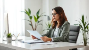 Professional therapist sitting at modern desk with soft lighting, reviewing documents with focused expression, minimalist office environment with plants and calm aesthetic