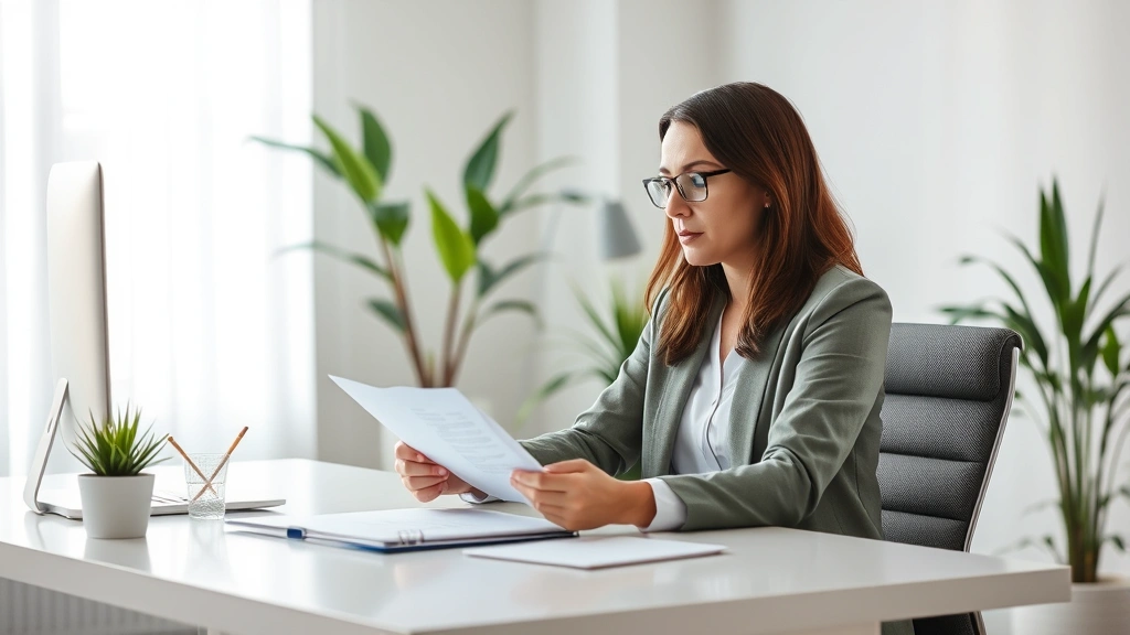 Professional therapist sitting at modern desk with soft lighting, reviewing documents with focused expression, minimalist office environment with plants and calm aesthetic