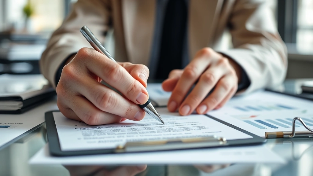 Close-up of hands reviewing documents and clipboard with pen, organized paperwork on desk, soft professional lighting, detail-oriented work environment, no visible text or numbers