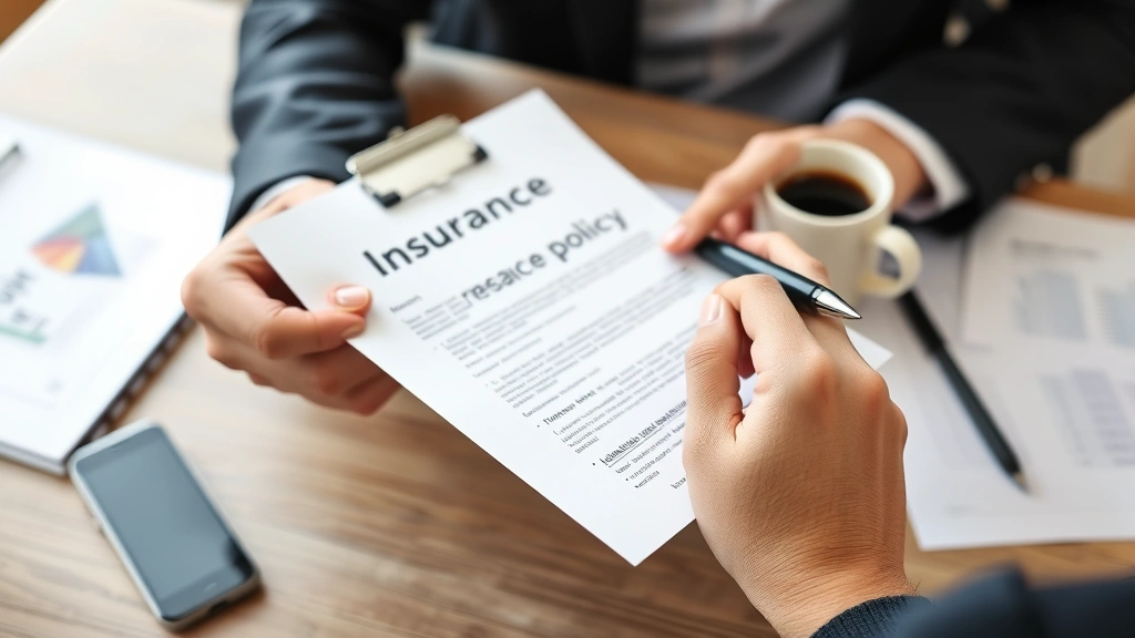 Close-up of hands holding insurance policy documents with a pen, organized desk with coffee cup, professional but approachable atmosphere