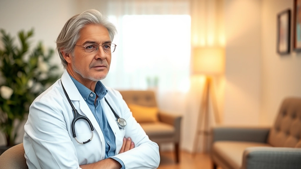 Mental health professional in consultation room with thoughtful posture, warm lighting, comfortable seating arrangement visible, conveying trust and professionalism