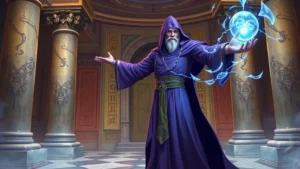 Priest character in purple robes casting a healing spell with glowing blue energy, standing in a fantasy temple with ornate pillars and magical runes
