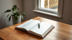 Serene workspace with open notebook and pen on wooden desk, soft natural lighting through window, peaceful indoor plant, warm minimalist environment suggesting mental clarity and focused writing