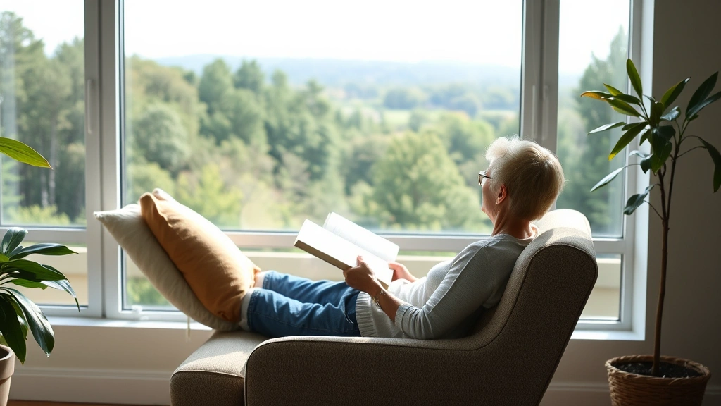 Person sitting peacefully on comfortable chair by large window overlooking nature, holding an open book, relaxed posture suggesting deep engagement and mental wellness, natural daylight streaming in