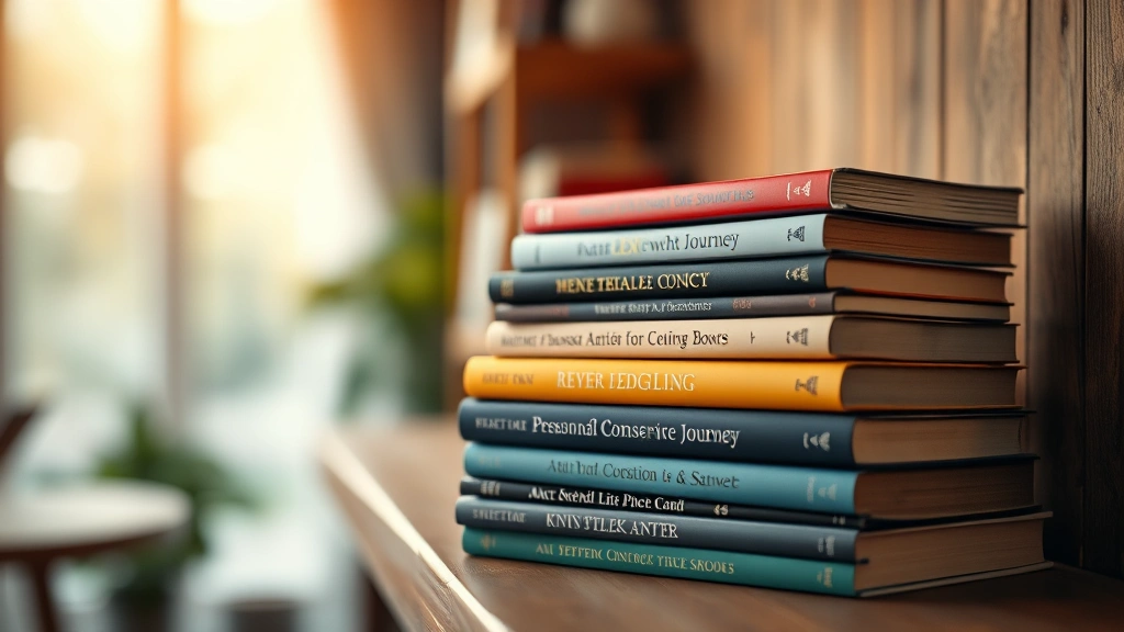 Stack of diverse books on wooden shelf with soft focus background, warm ambient lighting creating inviting atmosphere, representing knowledge and personal growth journey without visible titles