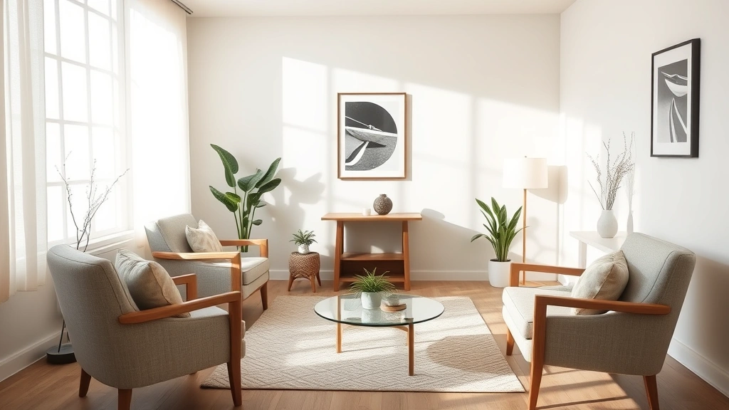 Serene therapist's office with comfortable seating, soft lighting, and calming neutral tones, creating a safe therapeutic environment without visible people