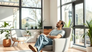 A person sitting in a comfortable chair in a modern, minimalist counseling office with natural light streaming through large windows, thoughtful expression, calm environment with plants and soft furnishings visible