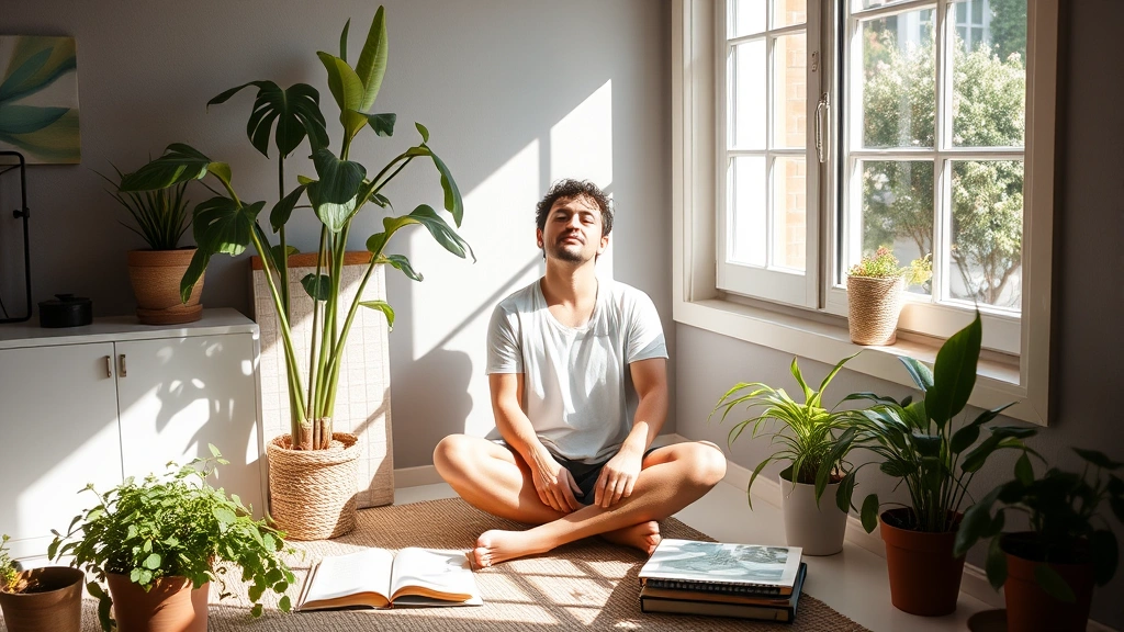 Person sitting peacefully in natural sunlight near a window, surrounded by plants and journals, representing personal growth and mental wellness journey
