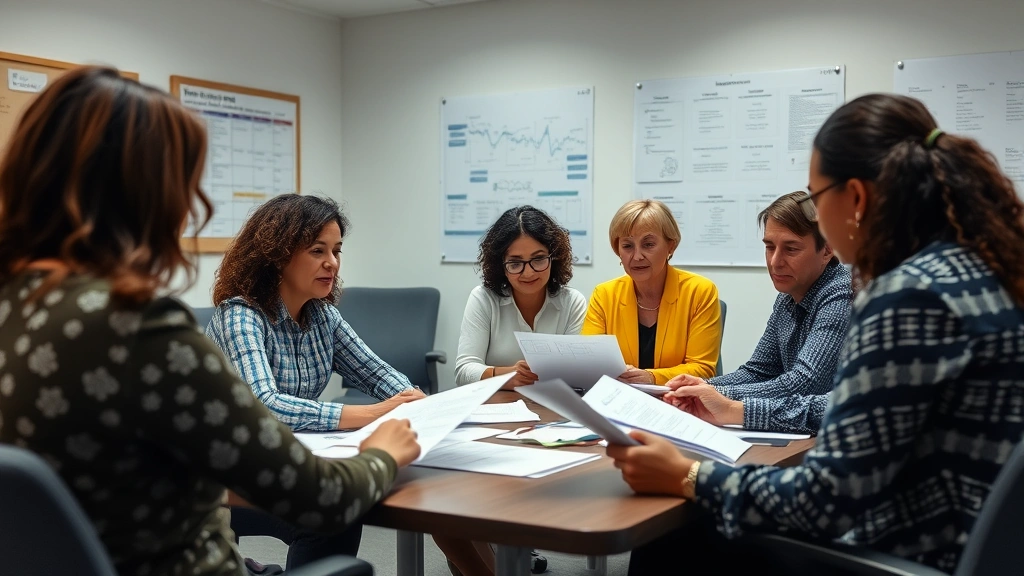 A diverse group of mental health professionals in a collaborative meeting room reviewing documents together, engaged discussion, professional setting with charts and resources on walls