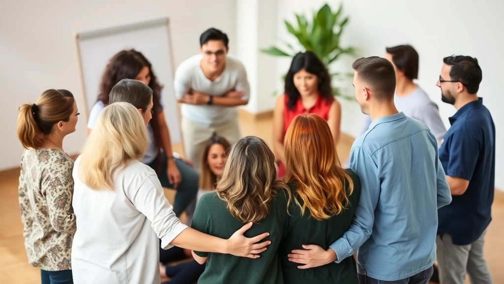 Diverse group of people in a supportive circle during a group session activity, showing community connection and shared healing experience, no faces clearly visible