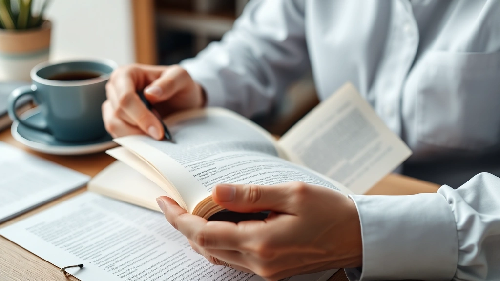 Close-up of hands holding an open book with highlighted text and notes, person studying intently at a desk with coffee cup nearby, academic focus and professional development theme