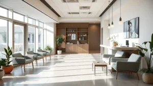Serene modern medical office reception area with comfortable seating, soft natural lighting, and calming neutral tones, professional healthcare environment