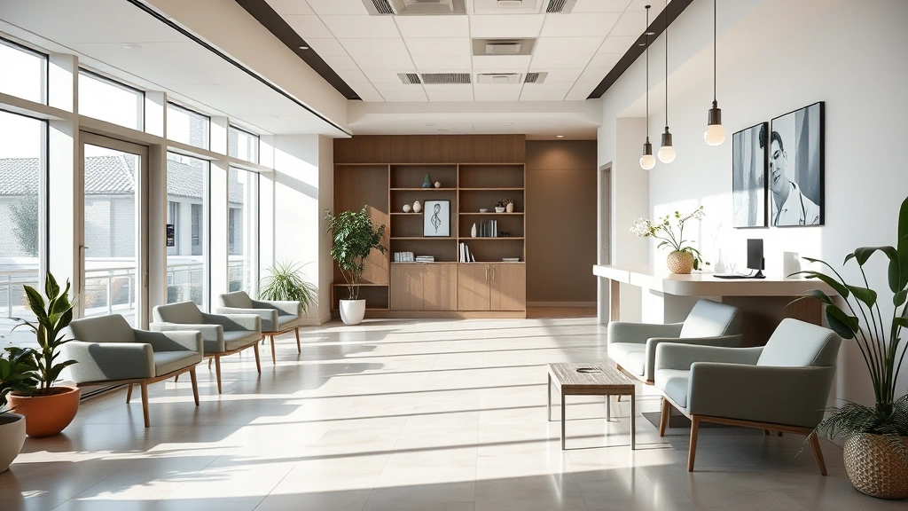 Serene modern medical office reception area with comfortable seating, soft natural lighting, and calming neutral tones, professional healthcare environment