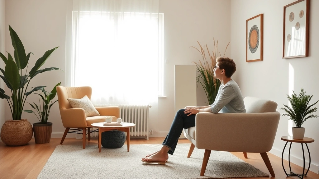 Person sitting in peaceful therapy session room with comfortable furniture, natural window light, and minimalist calming decor, therapeutic space