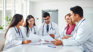 Professional healthcare setting with medical professionals collaborating in a modern clinic environment, natural lighting, diverse team reviewing documents together at a table