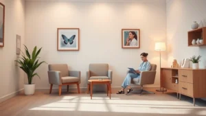 A calm, professional mental health consultation room with warm lighting, comfortable seating, and a nurse practitioner reviewing notes at a desk, serene and welcoming atmosphere