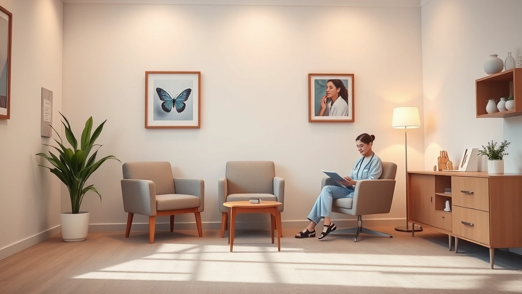 A calm, professional mental health consultation room with warm lighting, comfortable seating, and a nurse practitioner reviewing notes at a desk, serene and welcoming atmosphere